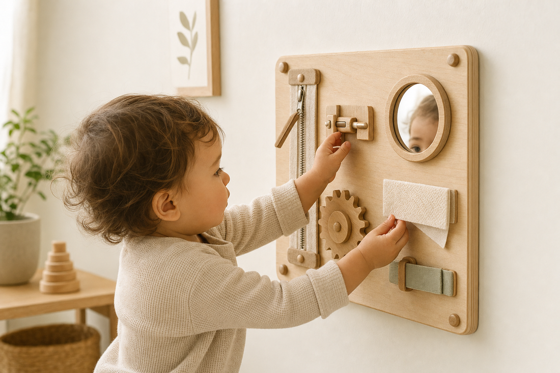 Enfant explorant un busy board en bois Montessori