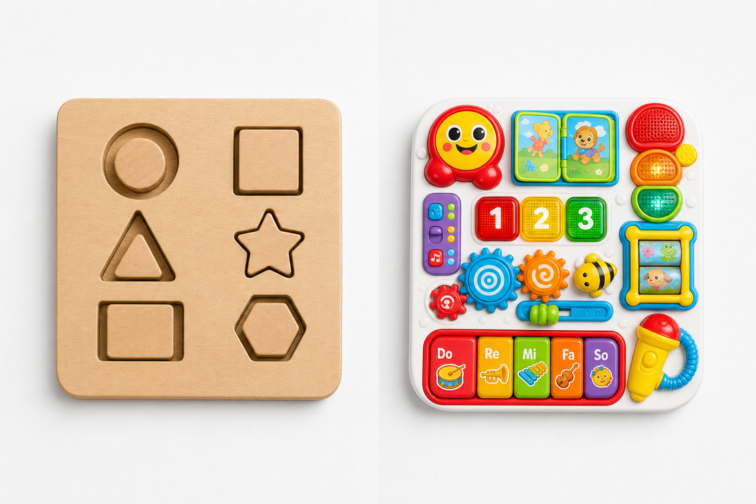 Comparaison jouet Montessori en bois vs jouet classique en plastique
