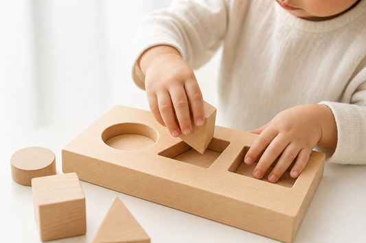 Bébé de 2 ans jouant avec un encastrement en bois Montessori