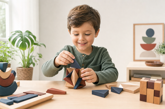 Enfant de 5 ans assemblant un puzzle 3D en bois éducatif