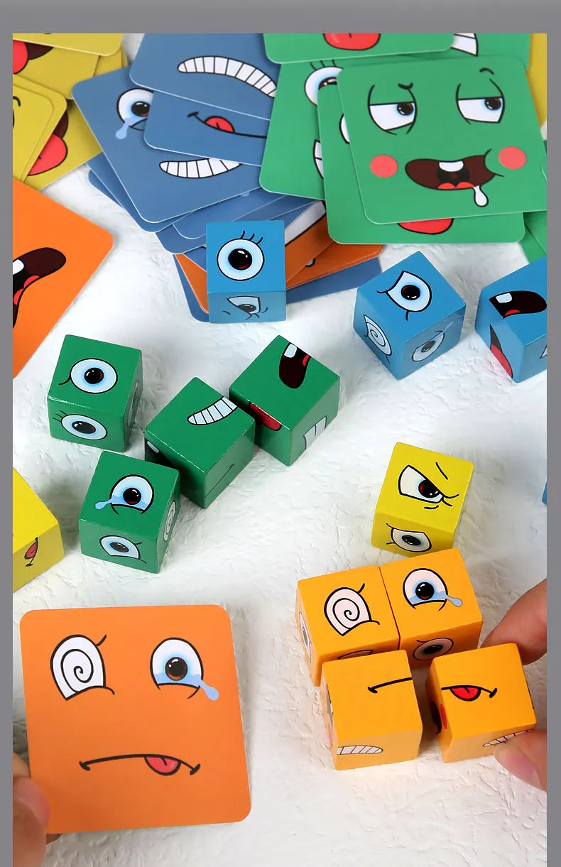 Cube à changement de visage, jeu de cartes, blocs de construction, Puzzle en bois de dessin animé, jouets anti-Stress et d'anxiété Montessori pour enfants