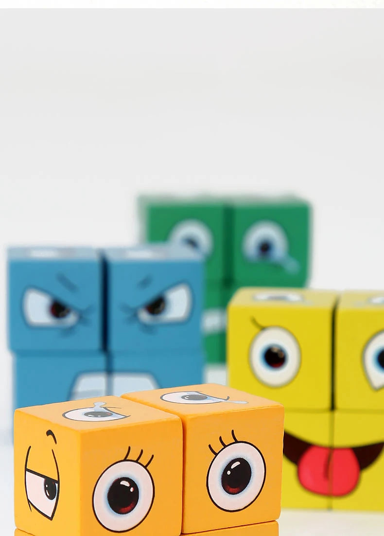 Cube à changement de visage, jeu de cartes, blocs de construction, Puzzle en bois de dessin animé, jouets anti-Stress et d'anxiété Montessori pour enfants