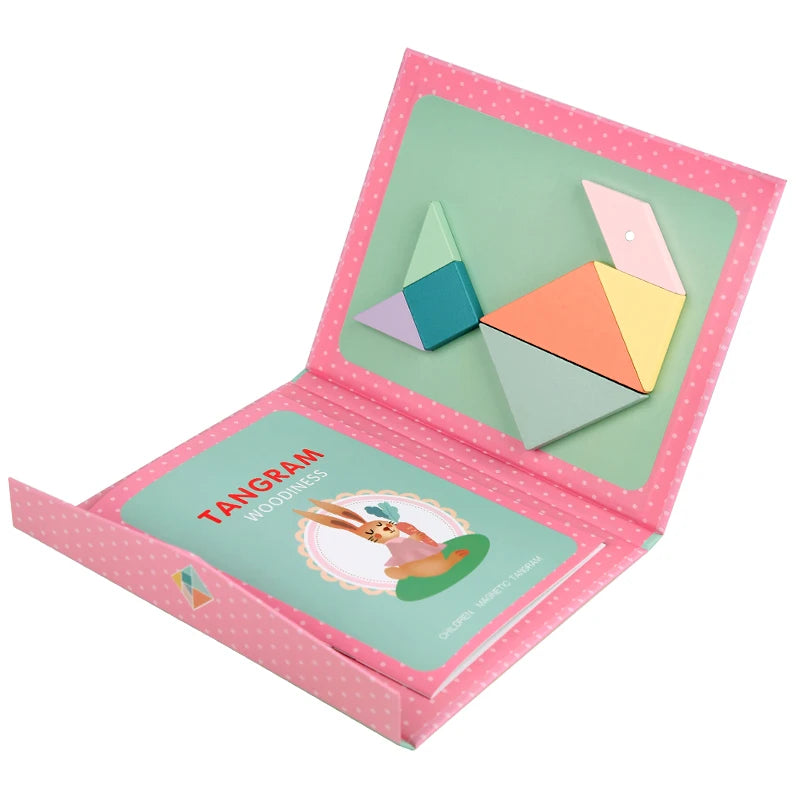 Puzzle en bois Tangram magnétique, livre, jouets éducatifs pour enfants, bébé enfant, Portable, apprentissage de l'intelligence Montessori