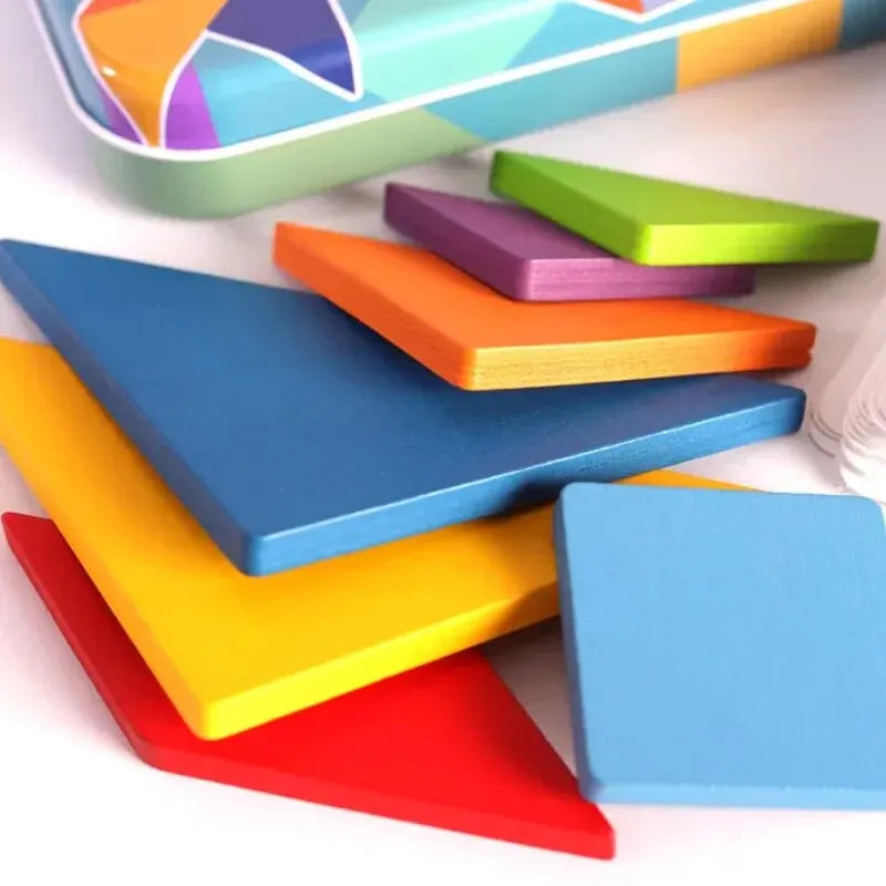 Tangram coloré en bois pour enfants, boîte en fer, rangement, Puzzle, éducation précoce, Intelligence, numéro, lettre, jouets en bois