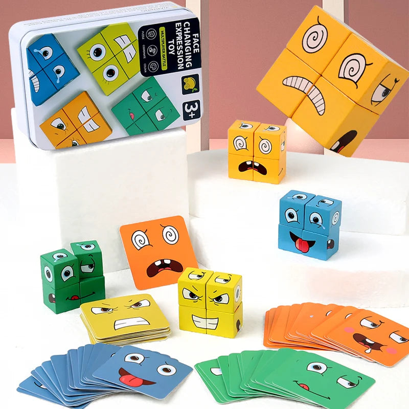 Cube à changement de visage, jeu de cartes, blocs de construction, Puzzle en bois de dessin animé, jouets anti-Stress et d'anxiété Montessori pour enfants