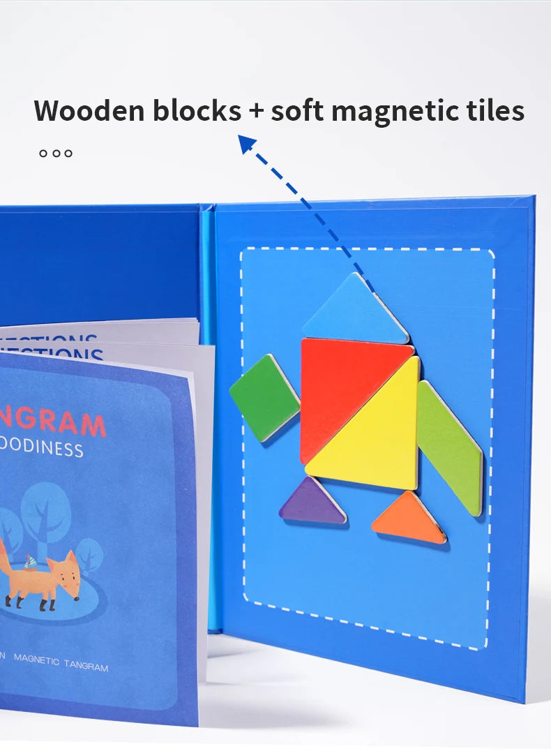 Jeu de puzzle magnétique en bois Tangram Block pour enfants - Puzzle d'intelligence éducative Montessori Cadeau pour enfants