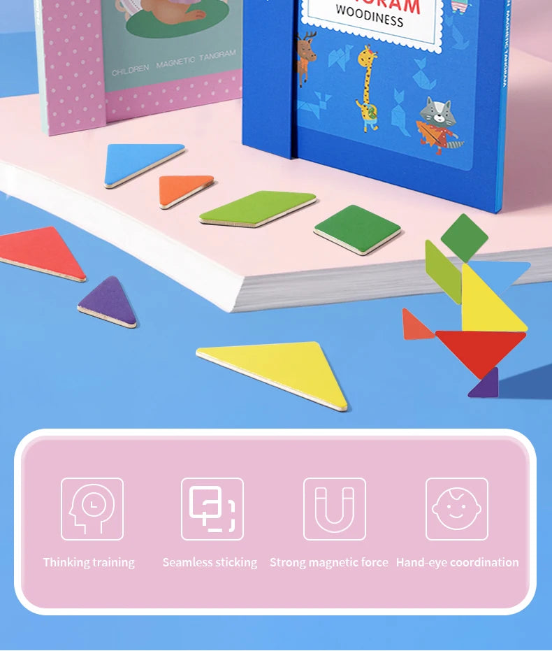 Jeu de puzzle magnétique en bois Tangram Block pour enfants - Puzzle d'intelligence éducative Montessori Cadeau pour enfants