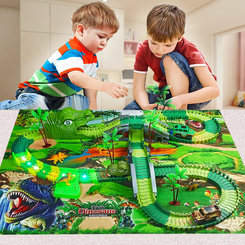 Dinosaure ferroviaire jouet voiture enfants piste course piste jouets ensemble courbure Flexible course piste Flash lumière voiture jouets éducatifs pour enfants Gif