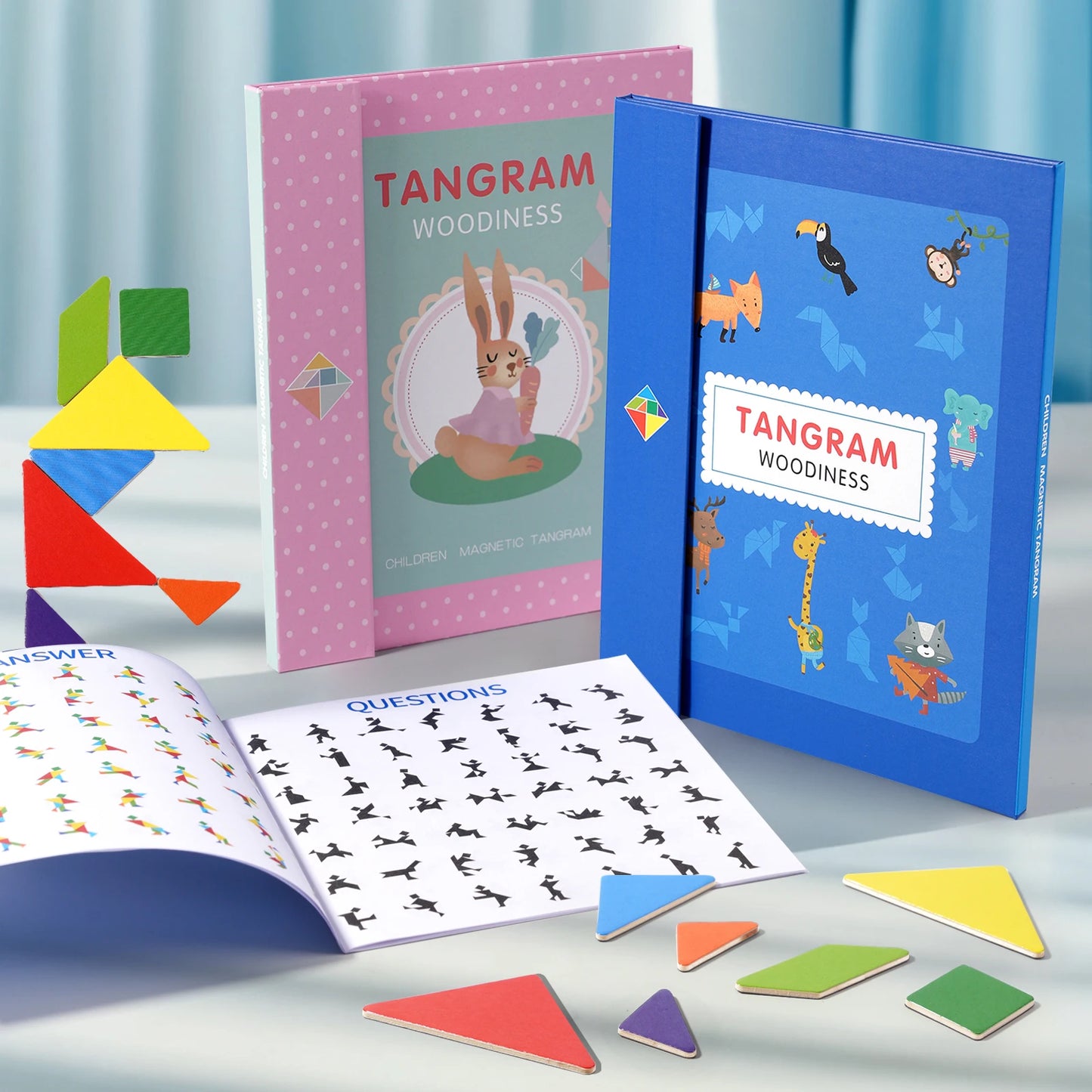 Jeu de puzzle magnétique en bois Tangram Block pour enfants - Puzzle d'intelligence éducative Montessori Cadeau pour enfants