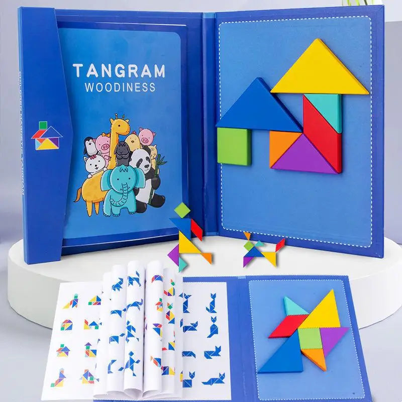 Puzzle en bois Tangram magnétique, livre, jouets éducatifs pour enfants, bébé enfant, Portable, apprentissage de l'intelligence Montessori