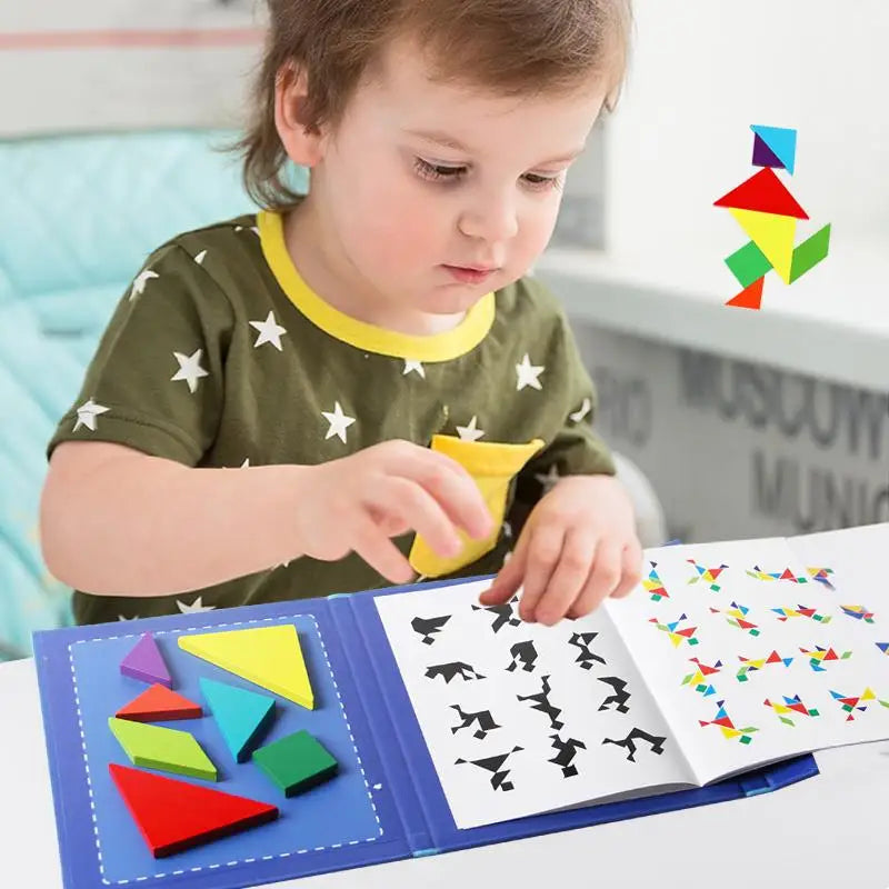 Puzzle en bois Tangram magnétique, livre, jouets éducatifs pour enfants, bébé enfant, Portable, apprentissage de l'intelligence Montessori