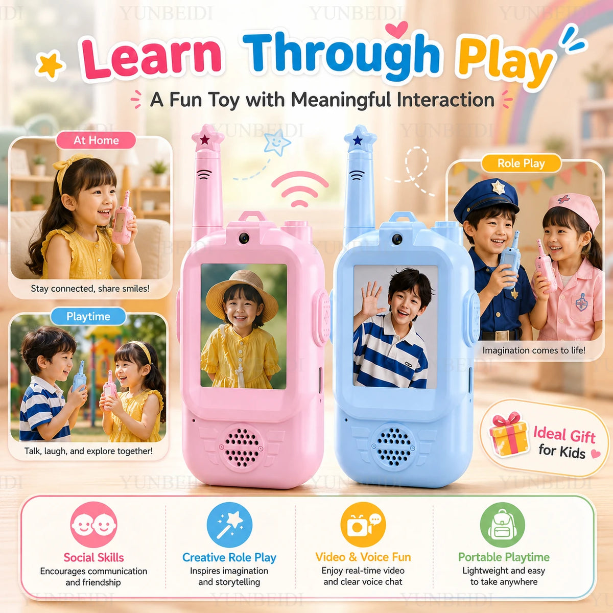 Lot de 2 talkies-walkies vidéo HD pour enfants, recharge USB, divertissement intérieur/extérieur, jouets pour enfants, cadeaux de festival, pour les 3-12 ans