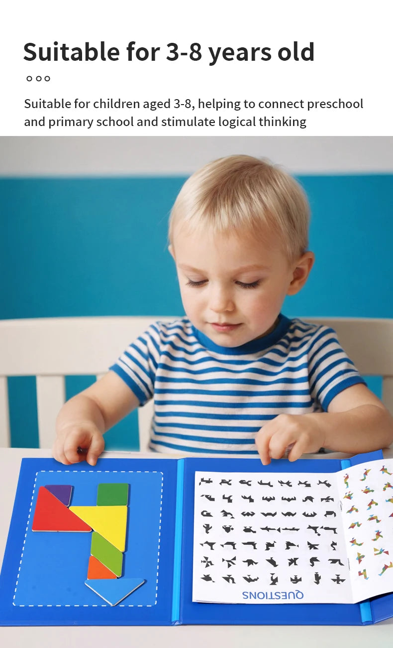 Jeu de puzzle magnétique en bois Tangram Block pour enfants - Puzzle d'intelligence éducative Montessori Cadeau pour enfants