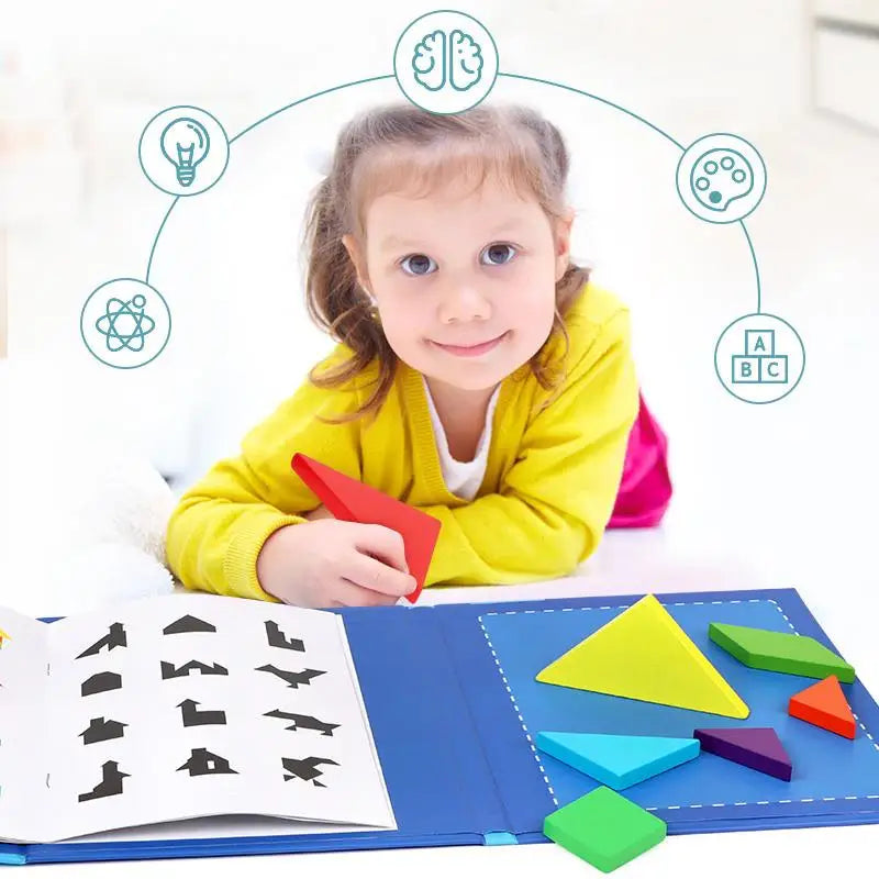 Puzzle en bois Tangram magnétique, livre, jouets éducatifs pour enfants, bébé enfant, Portable, apprentissage de l'intelligence Montessori