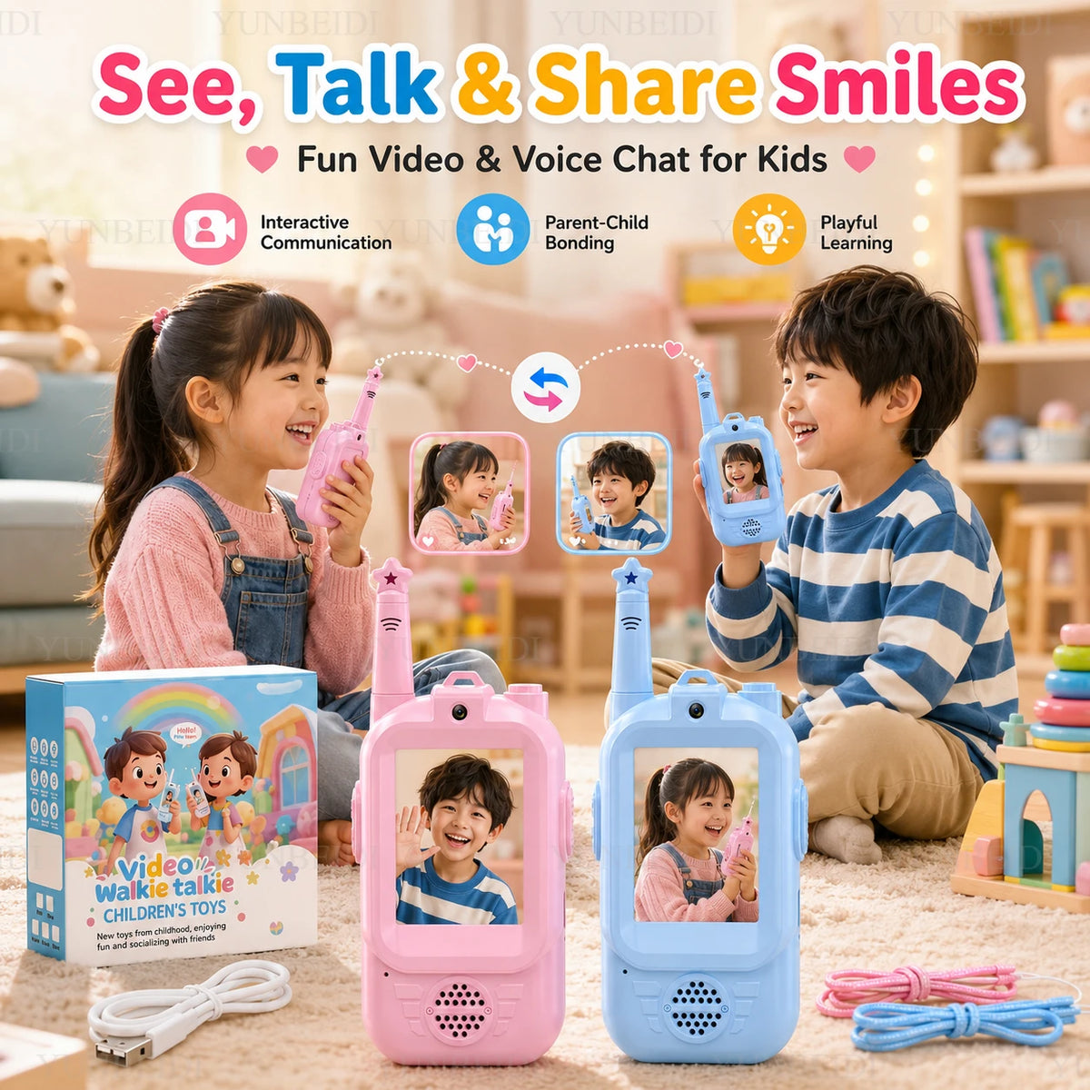 Lot de 2 talkies-walkies vidéo HD pour enfants, recharge USB, divertissement intérieur/extérieur, jouets pour enfants, cadeaux de festival, pour les 3-12 ans