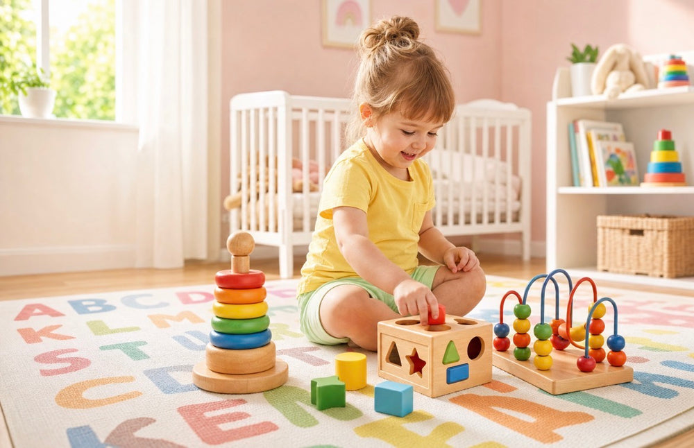 Enfant jouant avec des jouets éducatifs Montessori en bois — pyramide, cube de tri et boulier — sur un tapis d'éveil, PETIGENIE